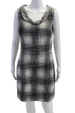 Oscar de la Renta Womens Zip Up Scoop Neck Plaid Sheath Dress White Black Size 8