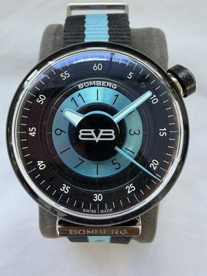 Bomberg BB-01 Black & Blue 38mm Quartz Swiss Made Black PVD Watch BB-01 New