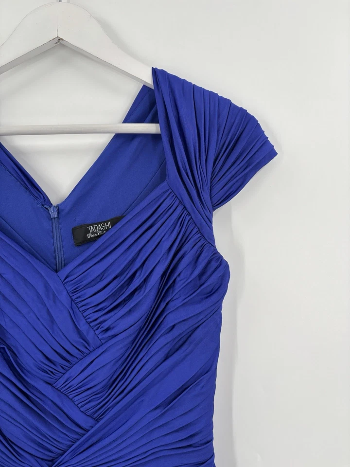 Tadashi Shoji Gown Dress Womens Medium Petite Blue Pleated Maxi Cap Sleeves - Image 2 of 4