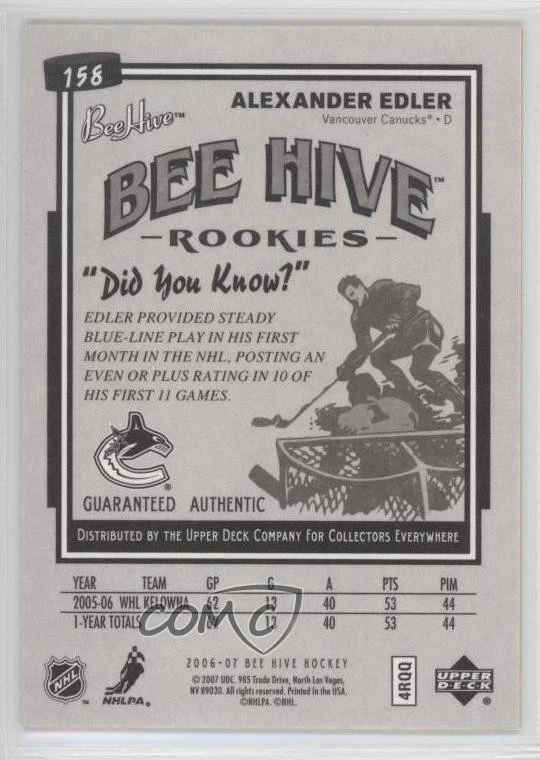 2006-07 Upper Deck Bee Hive Rookies Matte /100 Alexander Edler #158 Rookie RC - Image 2 of 2