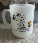 Vintage Fire King Peanuts Snoopy & Woodstock 1965 Milk Glass Coffee Mug 4" MINT