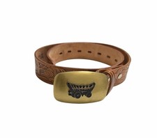 Chambers Phoenix Equestrian Brown Tooled Leather Belt Gold Buckle Vintage Sz 24