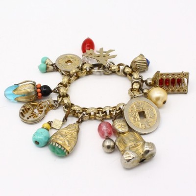 Vintage 1950s Napier Shangri-La Asian Charm Bracelet Chunky Gold Tone
