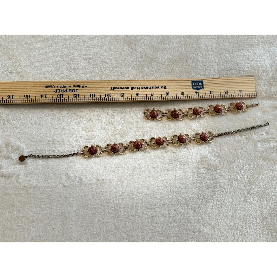 Conjunto de pulsera de eslabones florales de piedra brillante tono dorado vintage joyería distintiva Foto 4 de 4