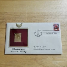 Christmas 1995 Santa in the Workshop 22kt Gold Replica Stamp 1st Day w/card