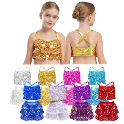FREEBILY UK Kids Girls Sequin Jazz Latin Dance Sequin Camisole Tank Crop Tops &Skirts