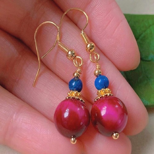 Fashion Natural 12mm Pink Tiger Eye Lapis Lazuli Round Beads Earrings Handmade - Picture 2 of 3