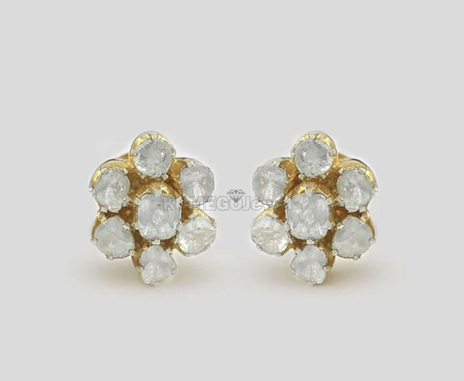 Floral Stud Earrings Natural Polki Diamond Slice Earrings Victorian Jewelry.