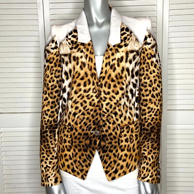 Roberto JUST CAVALLI White & Leopard Print Ombre Single Button Blazer Jacket 38