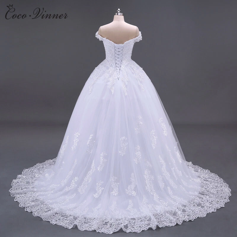 Vestidos de novia apliques de encaje fuera del hombro barrido tren vestidos de baile de novia personalizados Foto 3 de 4