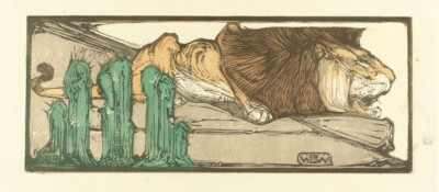 Reclining Lion Bernard Willem Wierink 1907 Dutch Animal Woodcut Print Wildlife