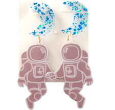BIG 3.5" GLITTER CONFETTI MOONS/ ASTRONAUT SPACEMAN ACRYLIC DROP DANGLE EARRINGS