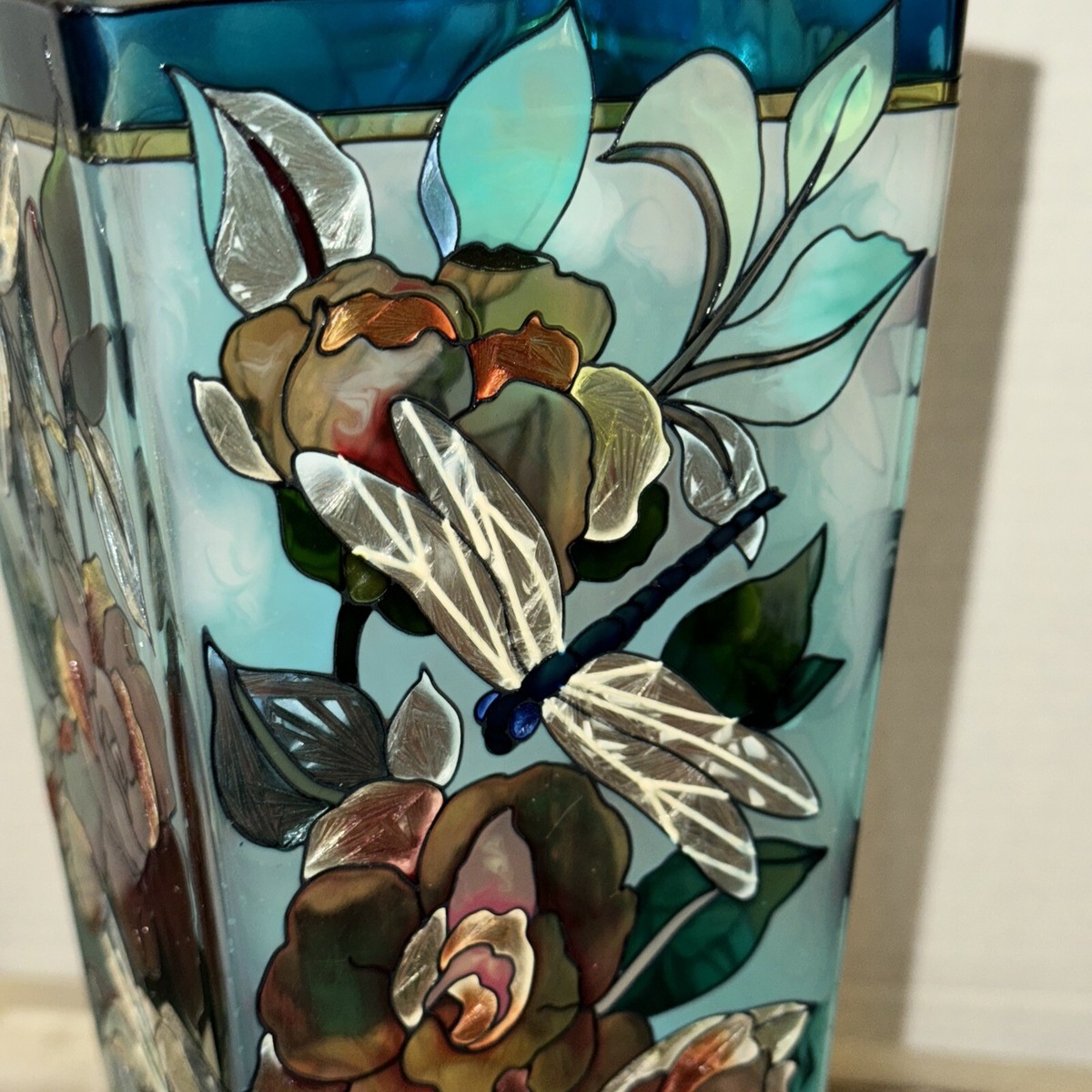 AMIA Studios Hand Painted Glass Vase Orchid Collage Dragonflies