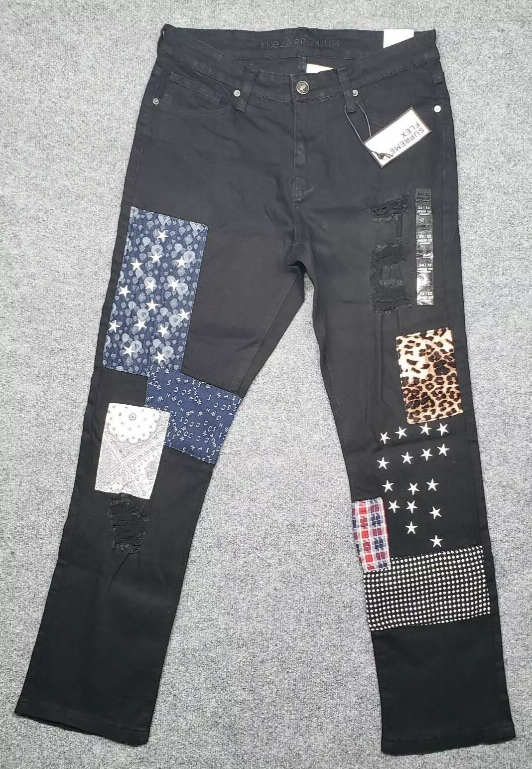 Jean Rue21 homme 34X32 noir denim supreme flex droit patchs vieilli neuf