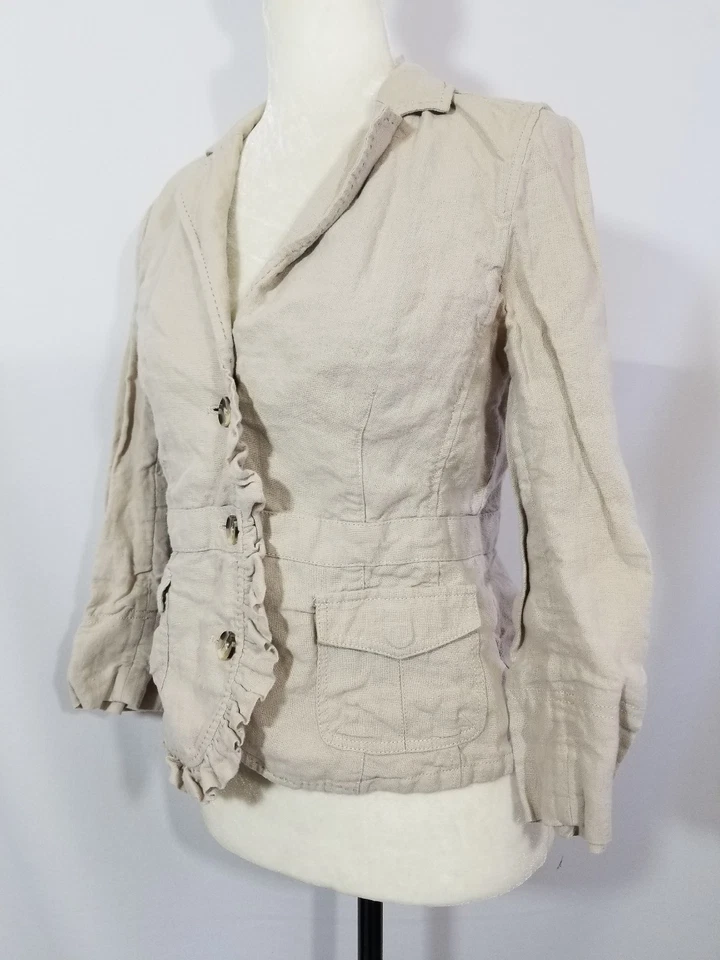Chaqueta Blazer Hei Hei Anthropologie Beige Tostado Lino Manga 3/4 Volantes Talla 6 Foto 4 de 4