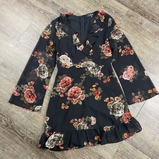 Lulus Dress Women M Black Floral Long Sheer Sleeve Ruffle V Neck Tiered Mini Zip