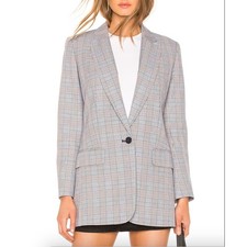 Nwt Equipment Jeanne Blue One Button Wool Blend Blue Plaid Longline Blazer 8