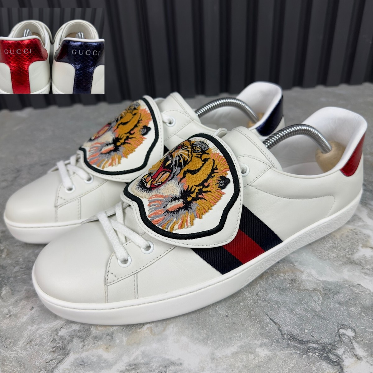 Gucci Ace Web Tiger Sneaker Patch White Leather Python 10 G Gucci Ace Web Tiger Sneaker Patch White Leather Python 10 G