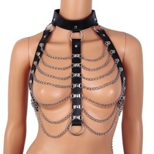 Womens Leather Chain Lingerie Open Bust Body Bra Harness Bondage BDSM