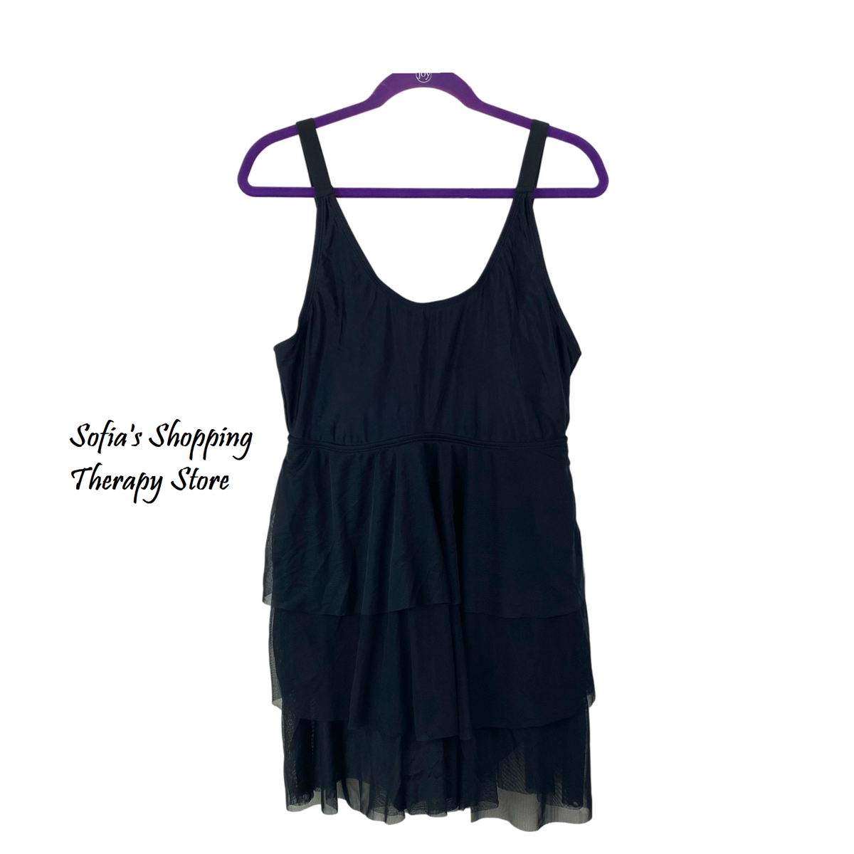 Bloomchic BLACK Patchwork Ruffle Tiered Mesh Swim Dress 14 16 1X