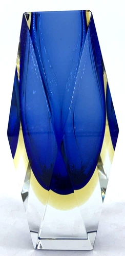 Murano Glass Vase By Alessandro Mandruzzato Sommerso Blue Yellow 6"
