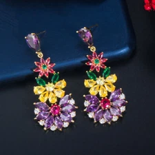 Yellow Gold Plated Cubic Zirconia Multicolor 925 Silver Long Flower Drop Earring