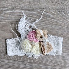 Lace baby headband with Burlap Bow, Floral Accents, Feathers, White Ivory Pink