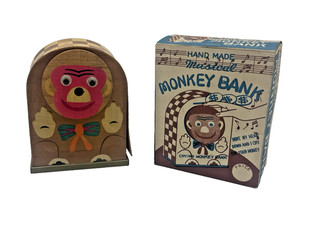 Vintage Handmade Inlaid Wood Musical Monkey Bank in Original Box Made in Japan