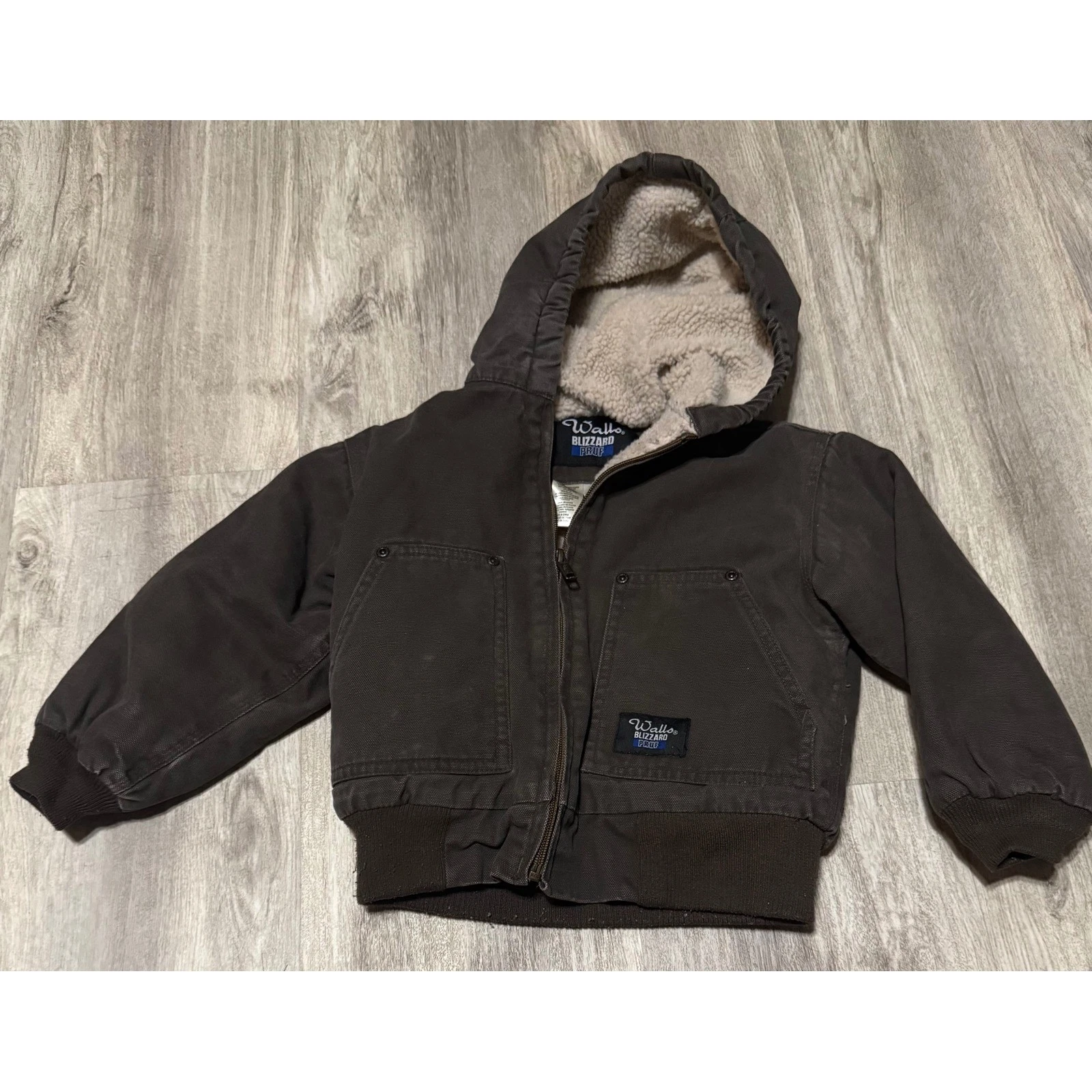 Walls Blizzard Pruf Hooded Jacket Sherpa Lined Brown Duck Canvas kids XS