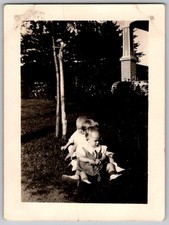 Vtg B&W Snapshot Two Toddlers Sitting Yard Lawn Shirley Bobbie C1930s