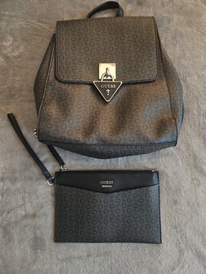 GUESS Langton Black & Gray Triangle Logo Small Backpack Purse w/ Wristlet