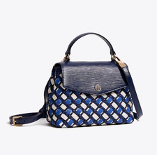TORY BURCH Women's Robinson Woven Small Top-Handle Satchel Royal Navy 54663