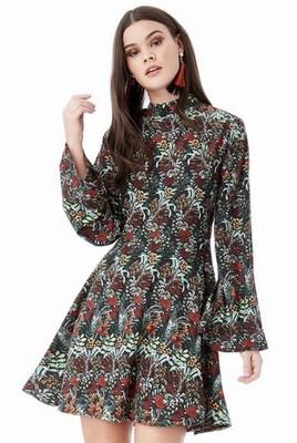 Zara Basic NWT XS Floral Mini Dress Mock Neck Bell Sleeve Back Zip Viscose