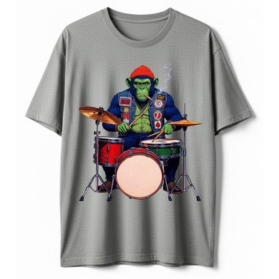 Chimp Playing Drum T-Shirt Funny Ape Musician Rock Band Smoking Monkey Biker Tee