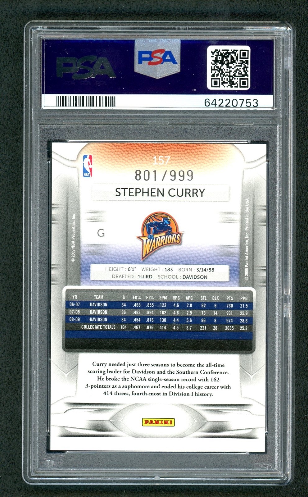 2009-10 Prestige Stephen Curry Draft Picks Light Blue Rookie /999 #157 PSA 10 view 2