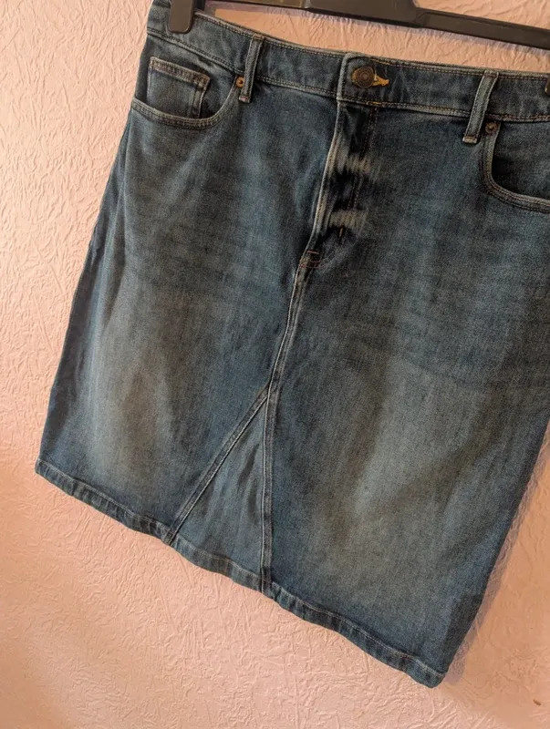 White Stuff Denim A Line Skirt UK 16R Blue Knee Length Cotton Stretch Casual image 2