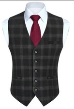 Men's Formal Check Waistcoat with Pockets for Business or Wedding - Dark Grey S