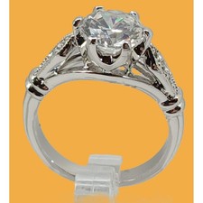 Vintage Silver Tone Round Cut CZ Cathedral Solitaire Engagement Ring Size 6.25