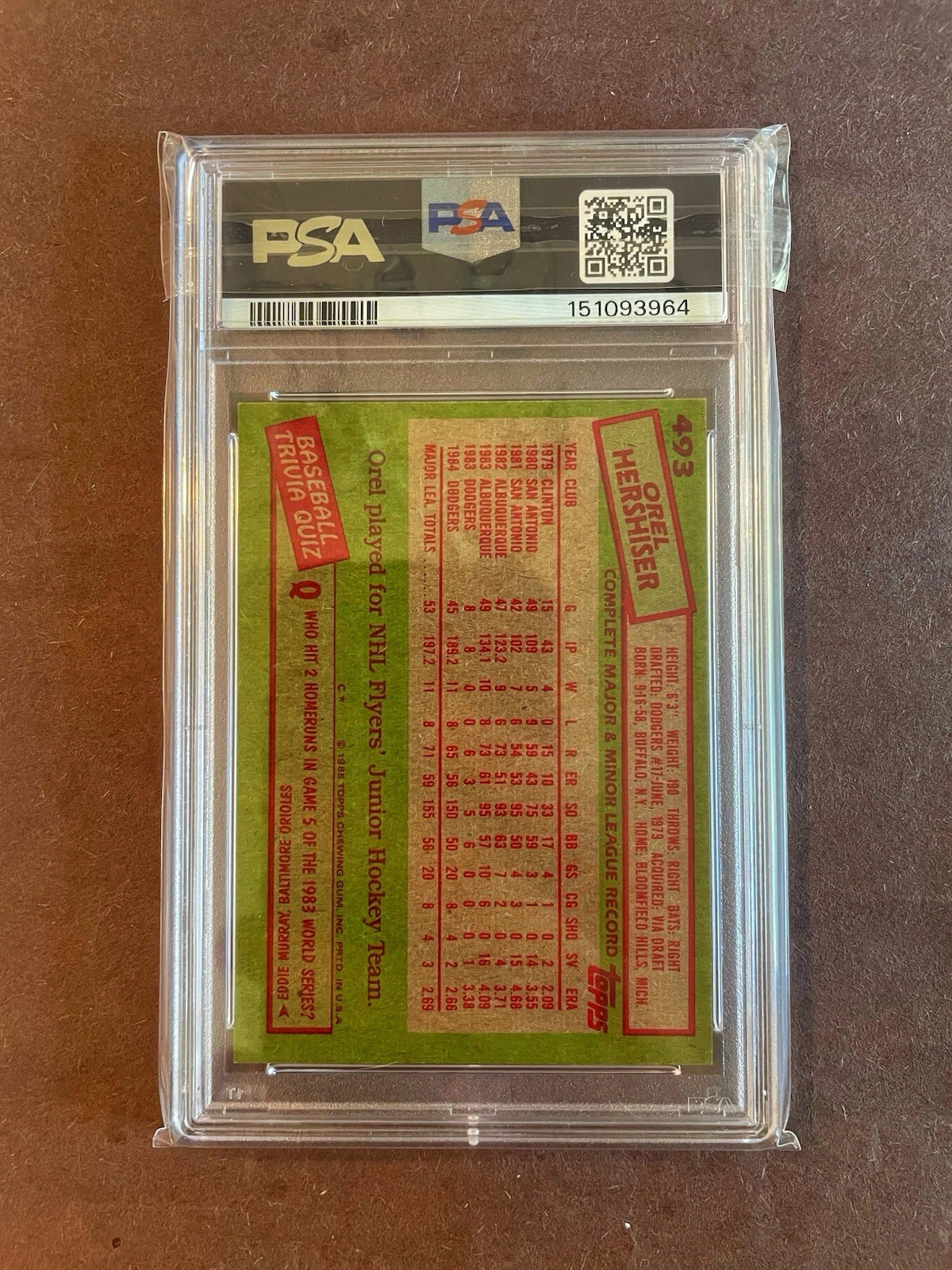 1985 Topps OREL HERSHISER Rookie Auto Autograph Signature #493! PSA 7, 8 AUTO! view 2