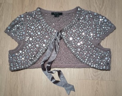 Vtg 90s ECI Fuzzy Knit Angora Wool Sparkly Sequin Bolero Crop Cardigan Jacket L