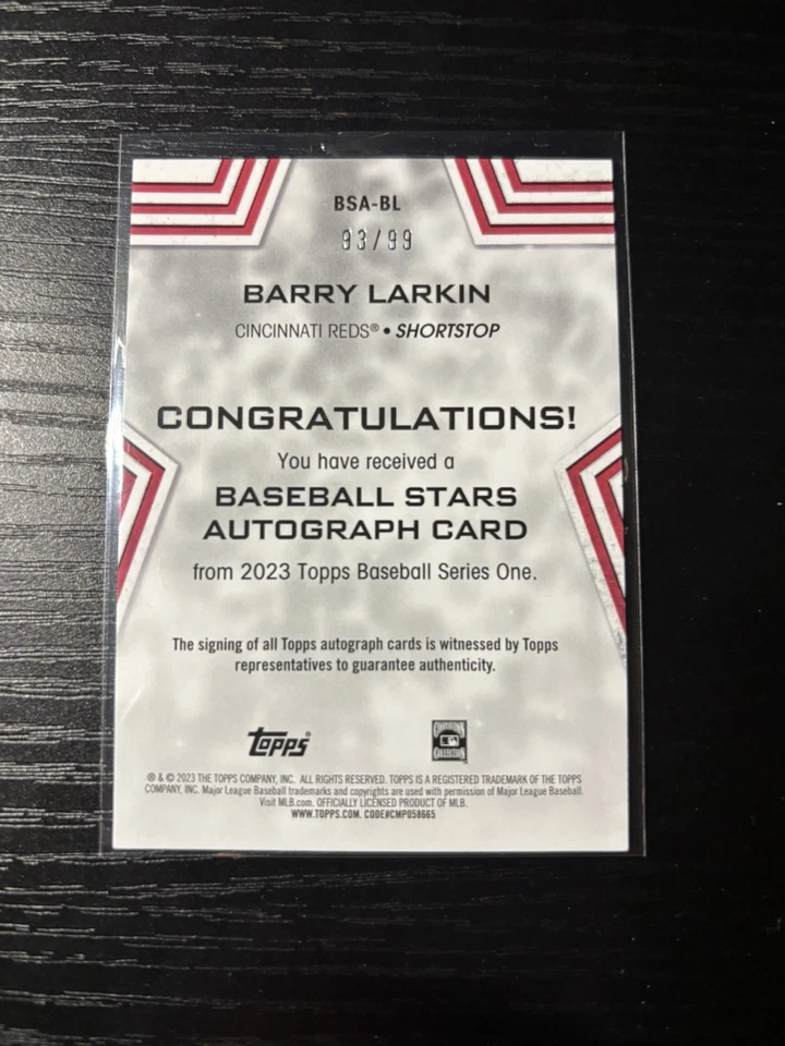 2023 Topps Series 1 Barry Larkin Auto Black Parallel /99. No. BSA-BL - Image 2 of 4