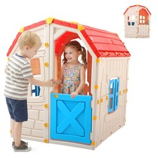 Outdoor Playhouse, Kids Cottage Clubhouse w/Openable Windows  Door for Garden