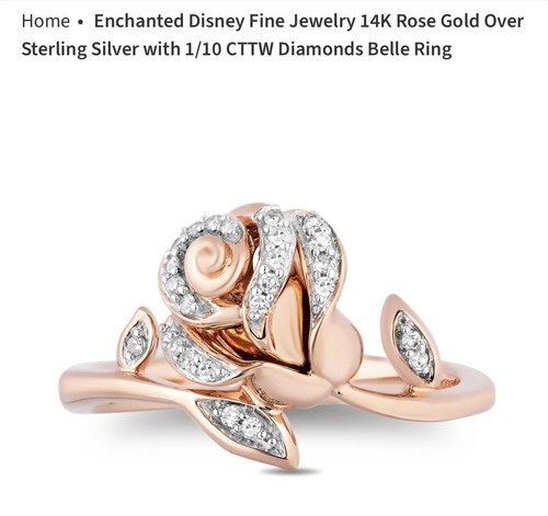 Disney Enchanted Belle Ring Size 6.5 Sterling Silver 1/10 CTTW 14K Plated - Picture 11 of 13