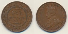 Australia: 1931 One Penny KGV copper 1d drop 1, London die, Scarce 