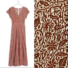 Madewell Woodblock Floral V-Neck Front Slits Maxi Dress Brown Cream Size 2