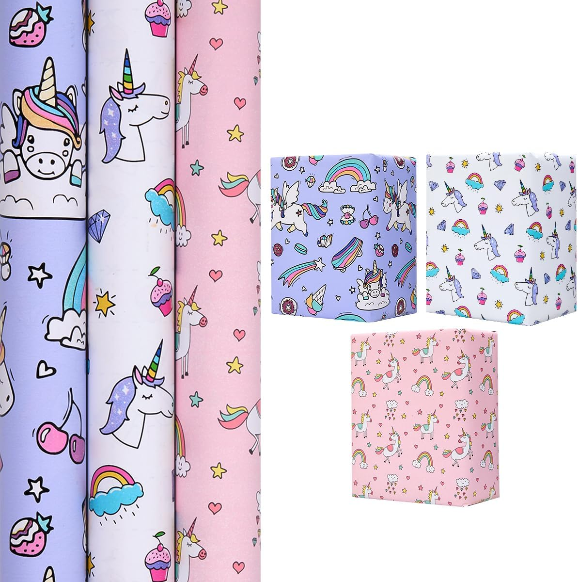 Gift Wrapping Paper Roll for Birthday : 3 Rolls 43Cm X 3M Unicorn Pattern Wrappi