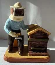Beekeeper Working Beehive Figurine Smoker Honey Bee Hive, Resin 3.5" Tall