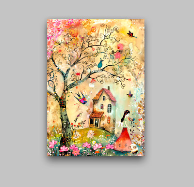 ACEO Whimsical ATC 2.5x3.5 Girl Tending Sheep Digital Painting Mini Art Print