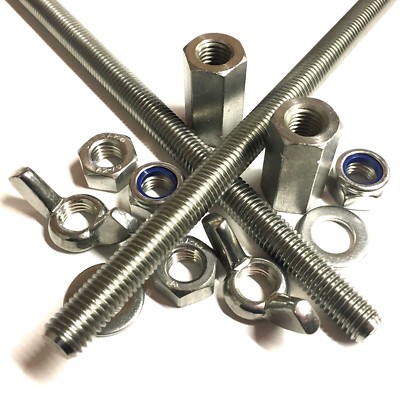 M5 bis M16 A2 Edelstahl Gewindestange Stange, Stehbolzenverbinder, Muttern, Nylocs wählbar