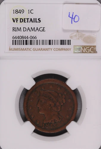 1849 Braided Hair Large Cent NGC VF Details Rim Damage #4-066